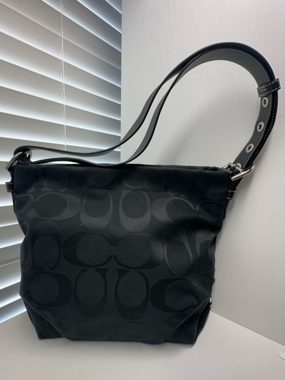 Coach Black Signature Jacquard Duffle Hobo Bag